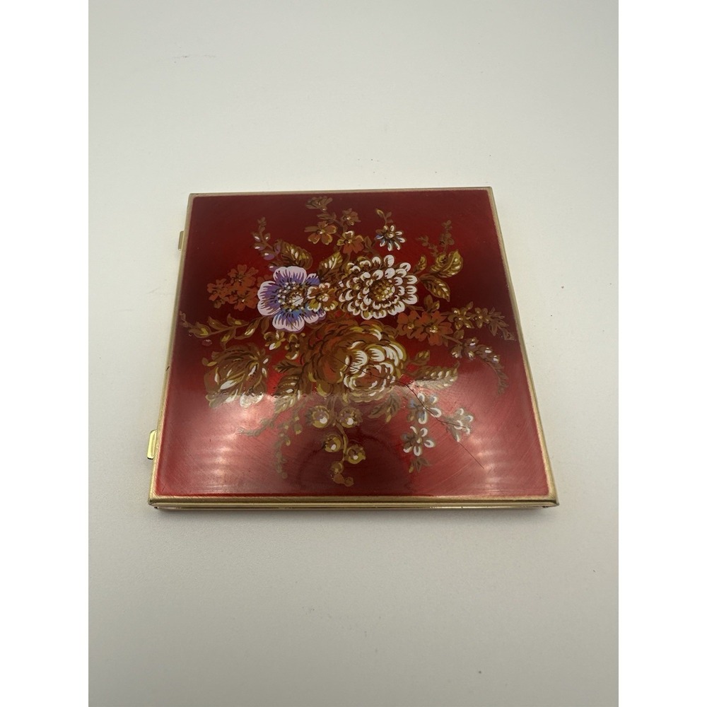 Stratton Vintage Mini-Mirror Compact Red Enamel Floral Made in England Square